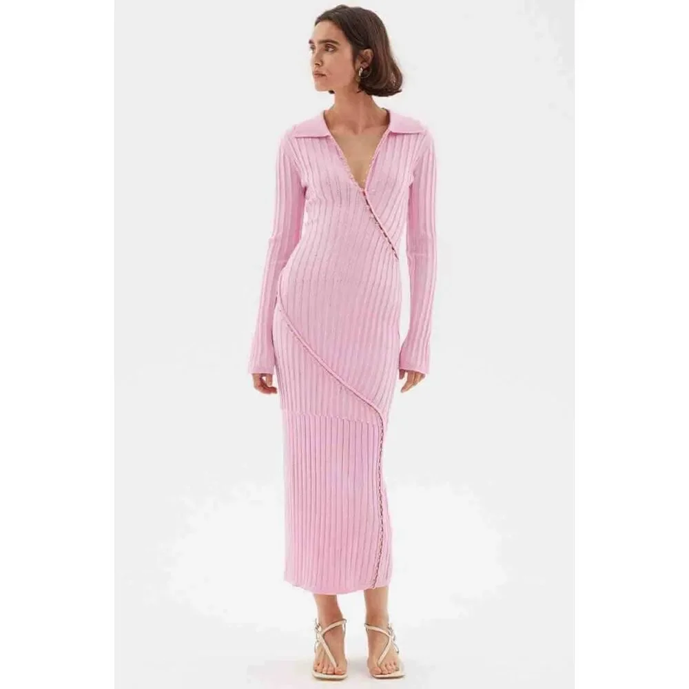 SOVERE Facet Knit Maxi Dress in Musk -Side front hem split size S NWT218 - Picture 4 of 9